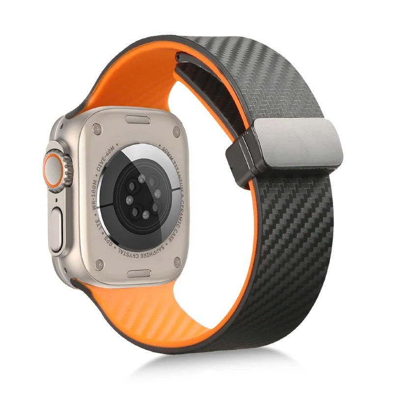 Carbon Fibre Look Strap for Apple Watch With Metal Magnetic Clasp - Black Orange-38mm 40mm 41mm-Insta Straps