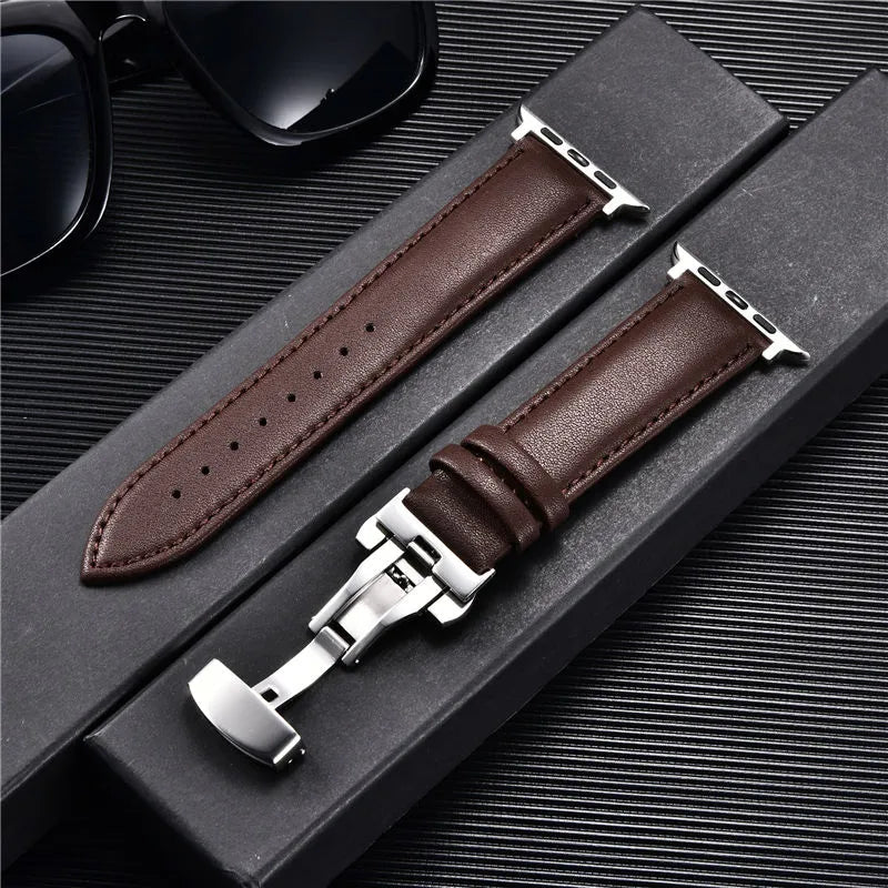 Luxury Leather Apple Watch Band With Butterfly Clasp - Brown-C-B-42mm 44mm 45mm 49mm-Insta Straps