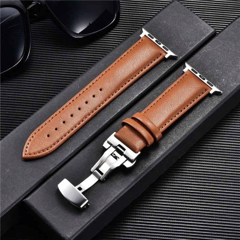Luxury Leather Apple Watch Band With Butterfly Clasp - Brown-C-B-42mm 44mm 45mm 49mm-Insta Straps